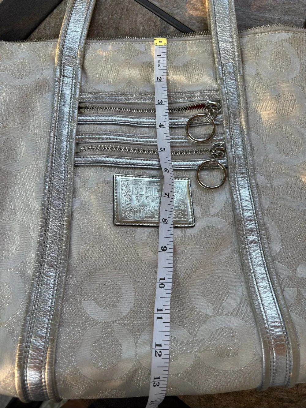 Coach Poppy “Glam” Silver Logo Jacquard Tote with Metallic Accents